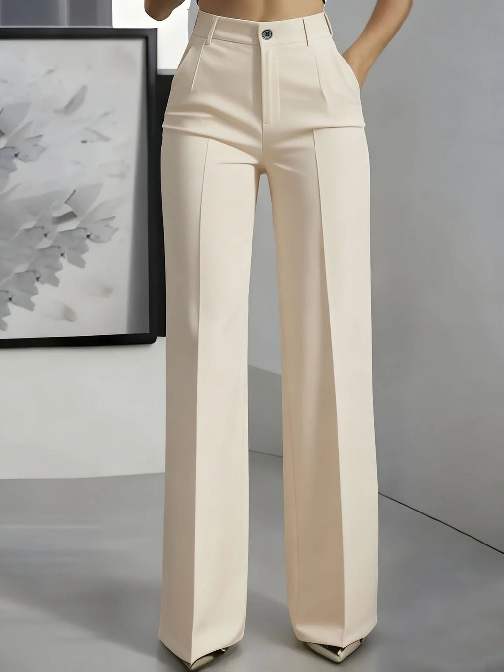 Women's cream high waist wide leg trousers