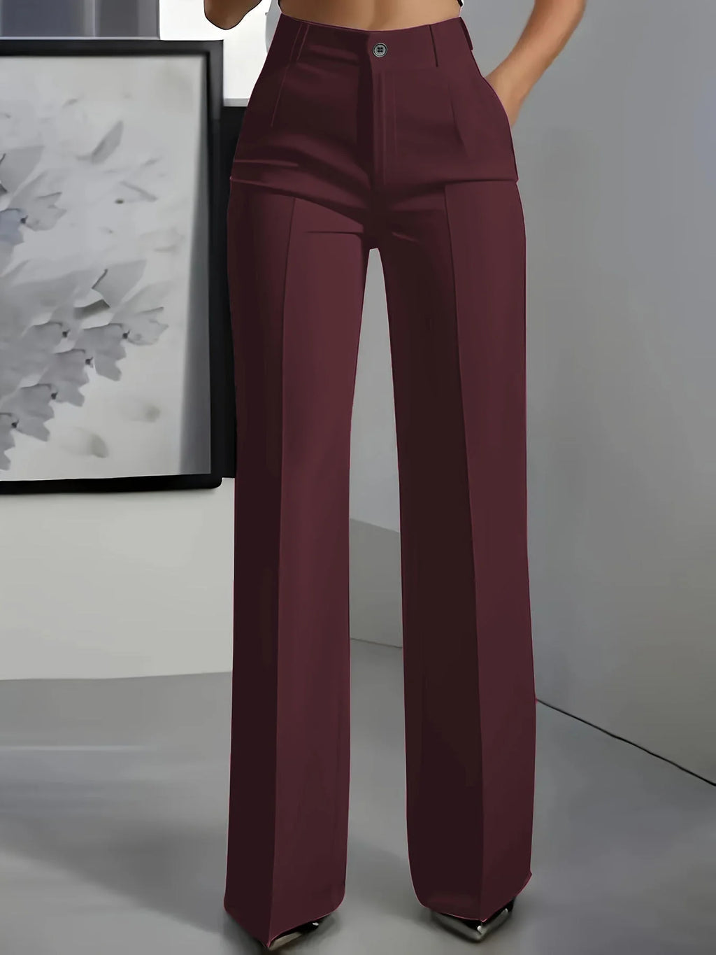 Women's burgundy high waist wide leg trousers