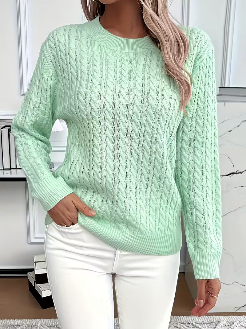 Women's Green Cable Knit Crew Neck Jumper for Everyday Autumn Wear