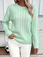 Women's Green Cable Knit Crew Neck Jumper for Everyday Autumn Wear