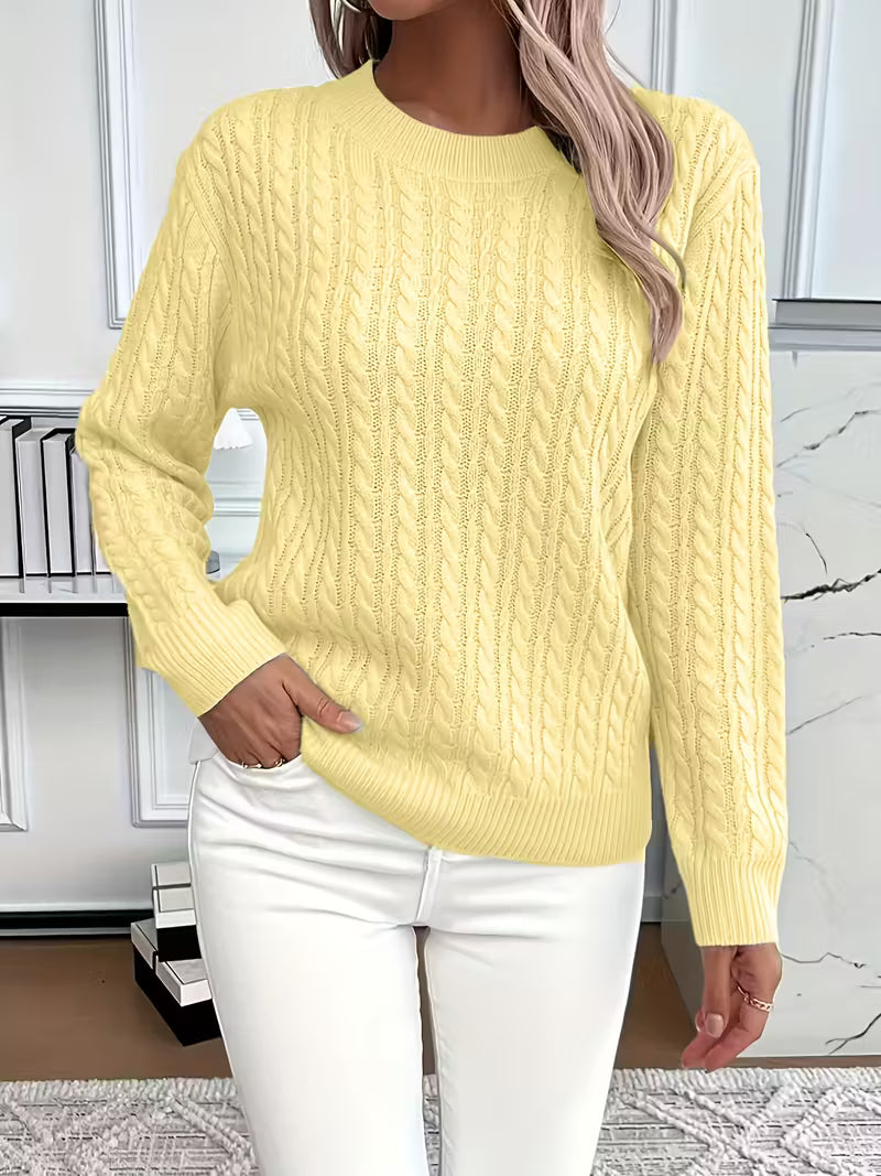 Women's Yellow Cable Knit Crew Neck Jumper for Everyday Autumn Wear