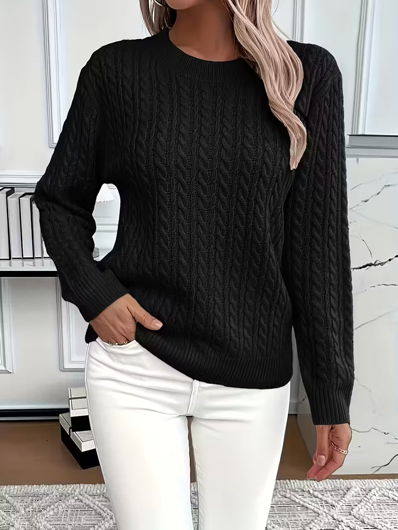 Women's Black Cable Knit Crew Neck Jumper for Everyday Autumn Wear