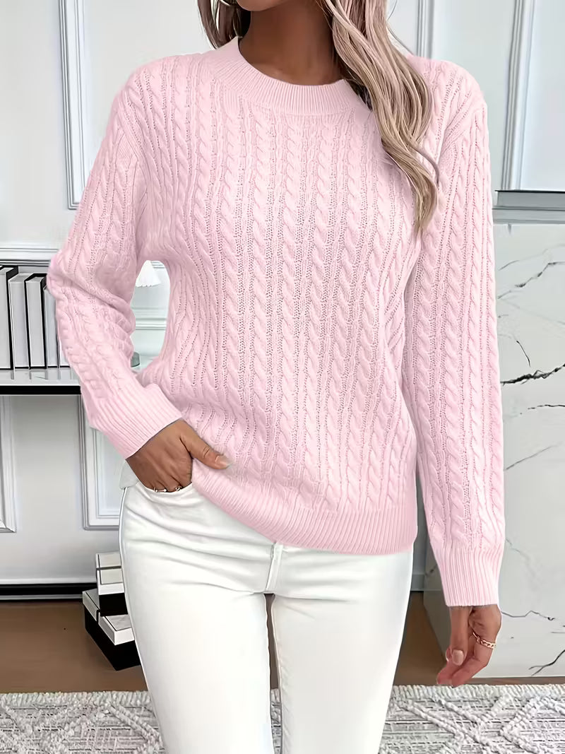 Women's Pink Cable Knit Crew Neck Jumper for Everyday Autumn Wear