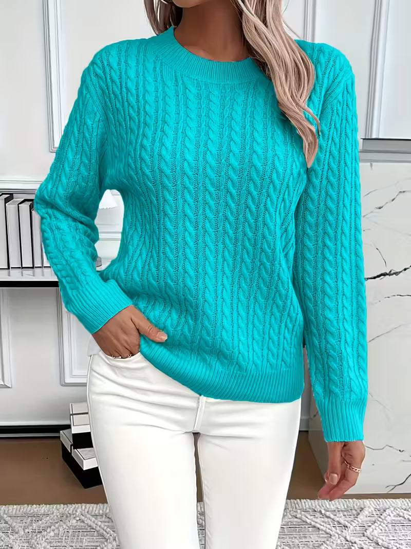 Women's Blue Cable Knit Crew Neck Jumper for Everyday Autumn Wear