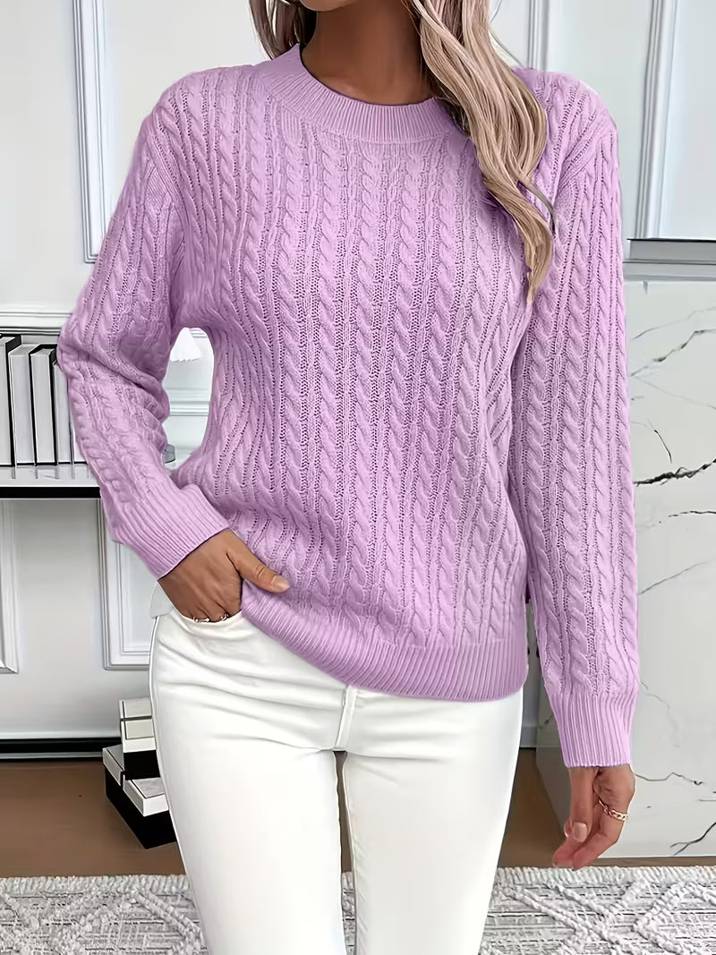 Women's Purple Cable Knit Crew Neck Jumper for Everyday Autumn Wear