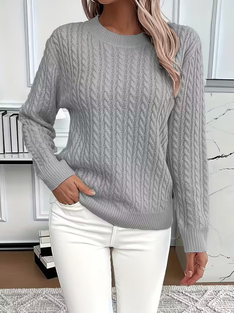 Women's Grey Cable Knit Crew Neck Jumper for Everyday Autumn Wear