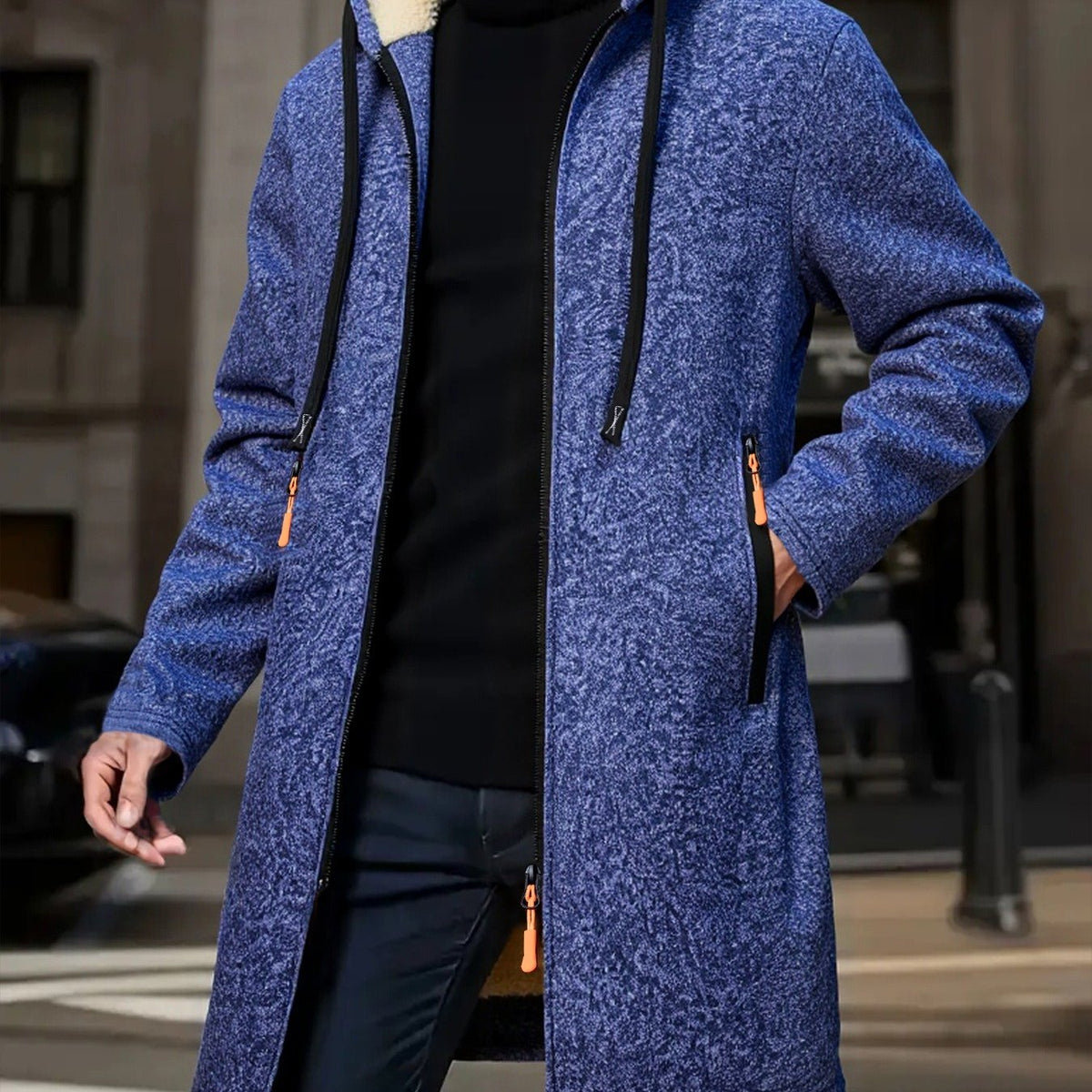 Navy hooded longline coat with drawstring hood