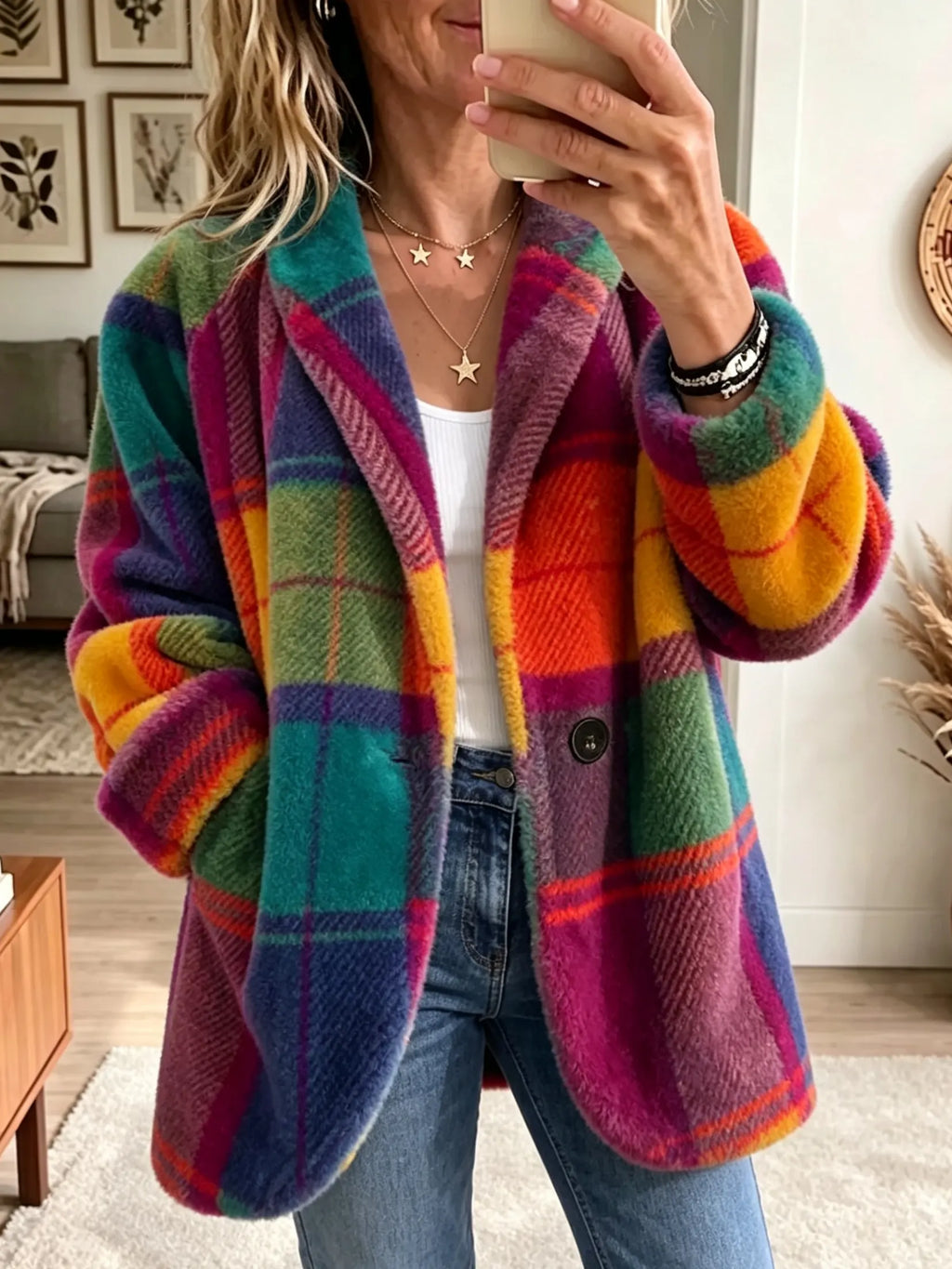 Women's multicolour red check fleece jacket