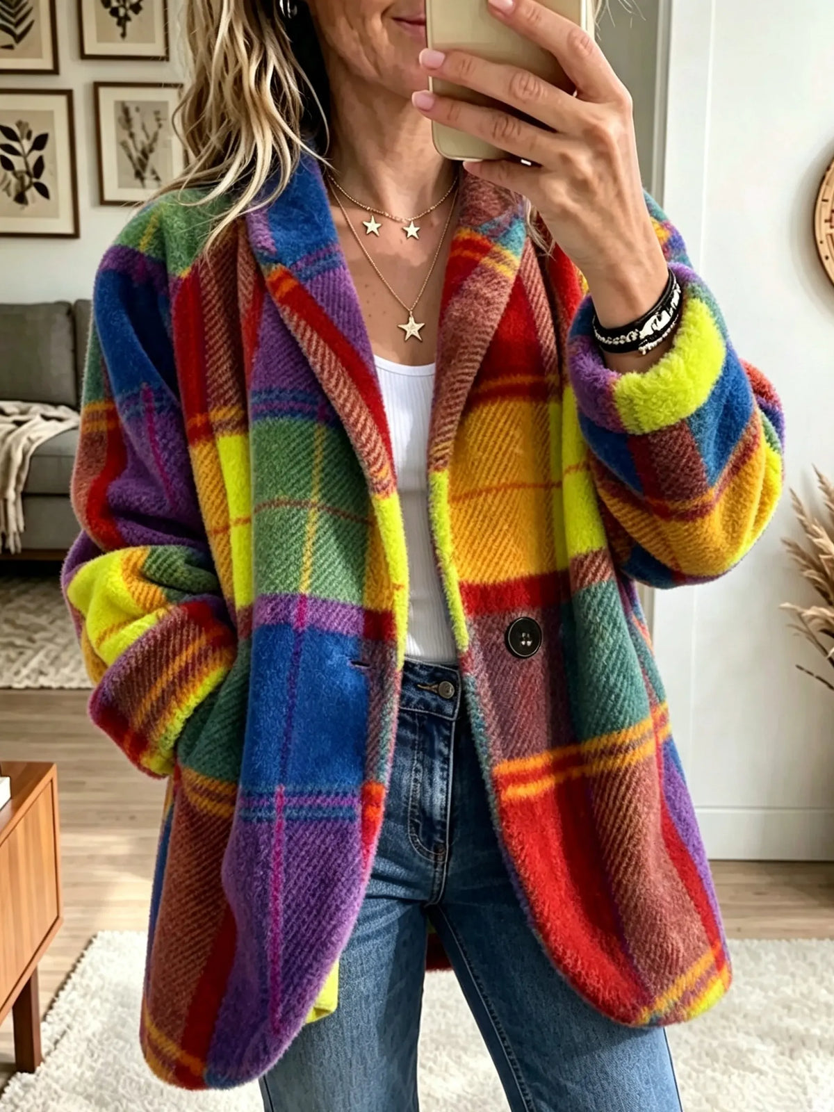 Women's multicolour yellow check fleece jacket