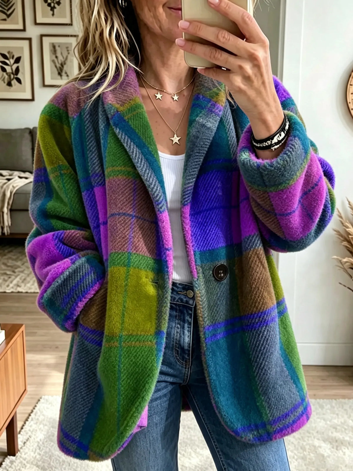 Women's multicolour blue check fleece jacket