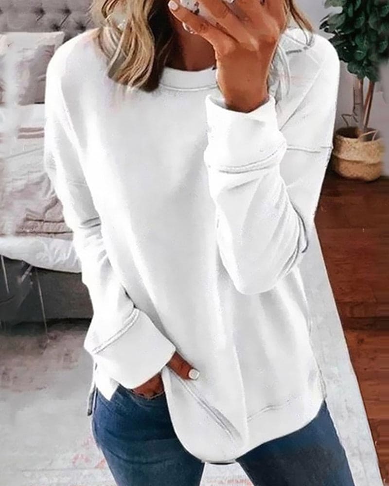 Women's white fleece crew neck sweatshirt with curved hem