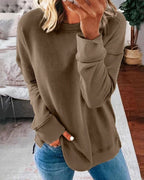 Women's brown fleece crew neck sweatshirt with curved hem