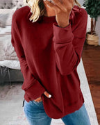 Women's burgundy fleece crew neck sweatshirt with curved hem