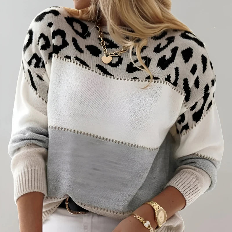 Women's leopard print colour block knitted jumper