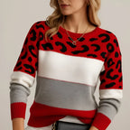 Women's red leopard print colour block knitted jumper
