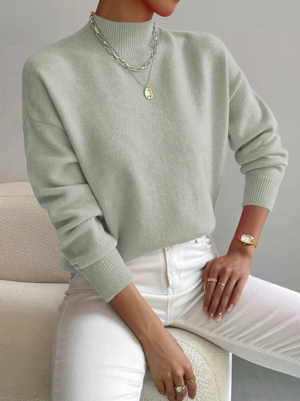 Women's sage green relaxed fit mock neck jumper