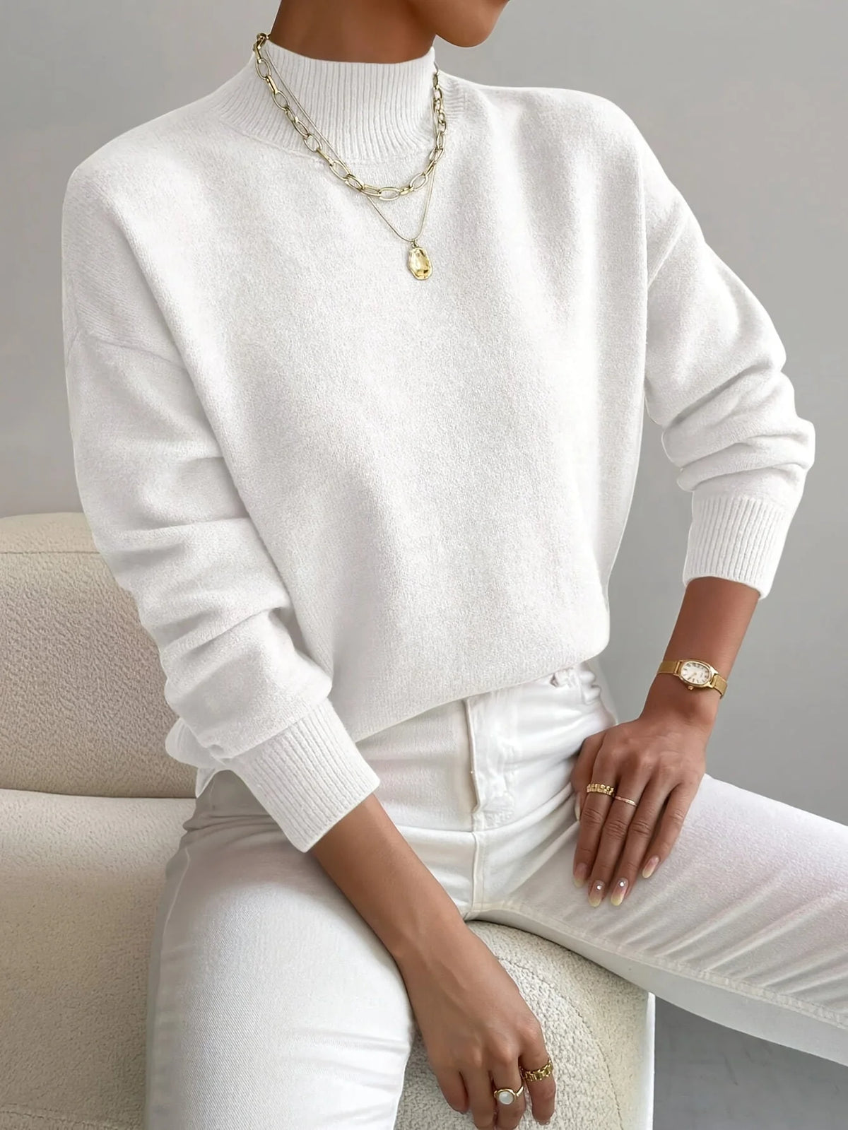 Women's white relaxed fit mock neck jumper