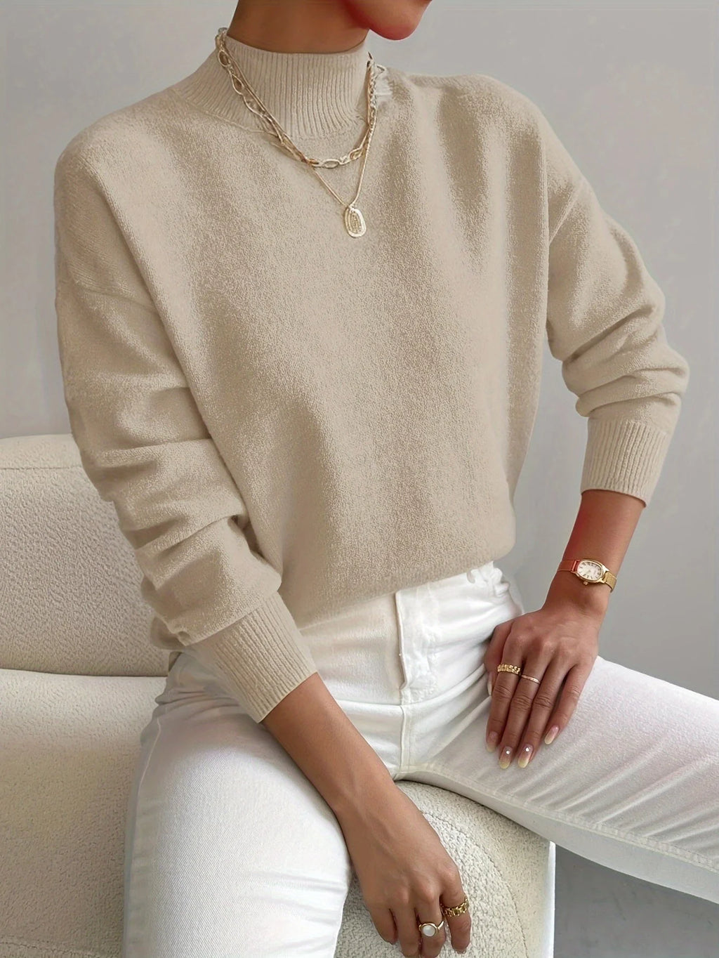 Women's beige relaxed fit mock neck jumper