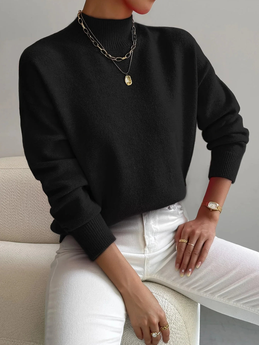 Women's black relaxed fit mock neck jumper