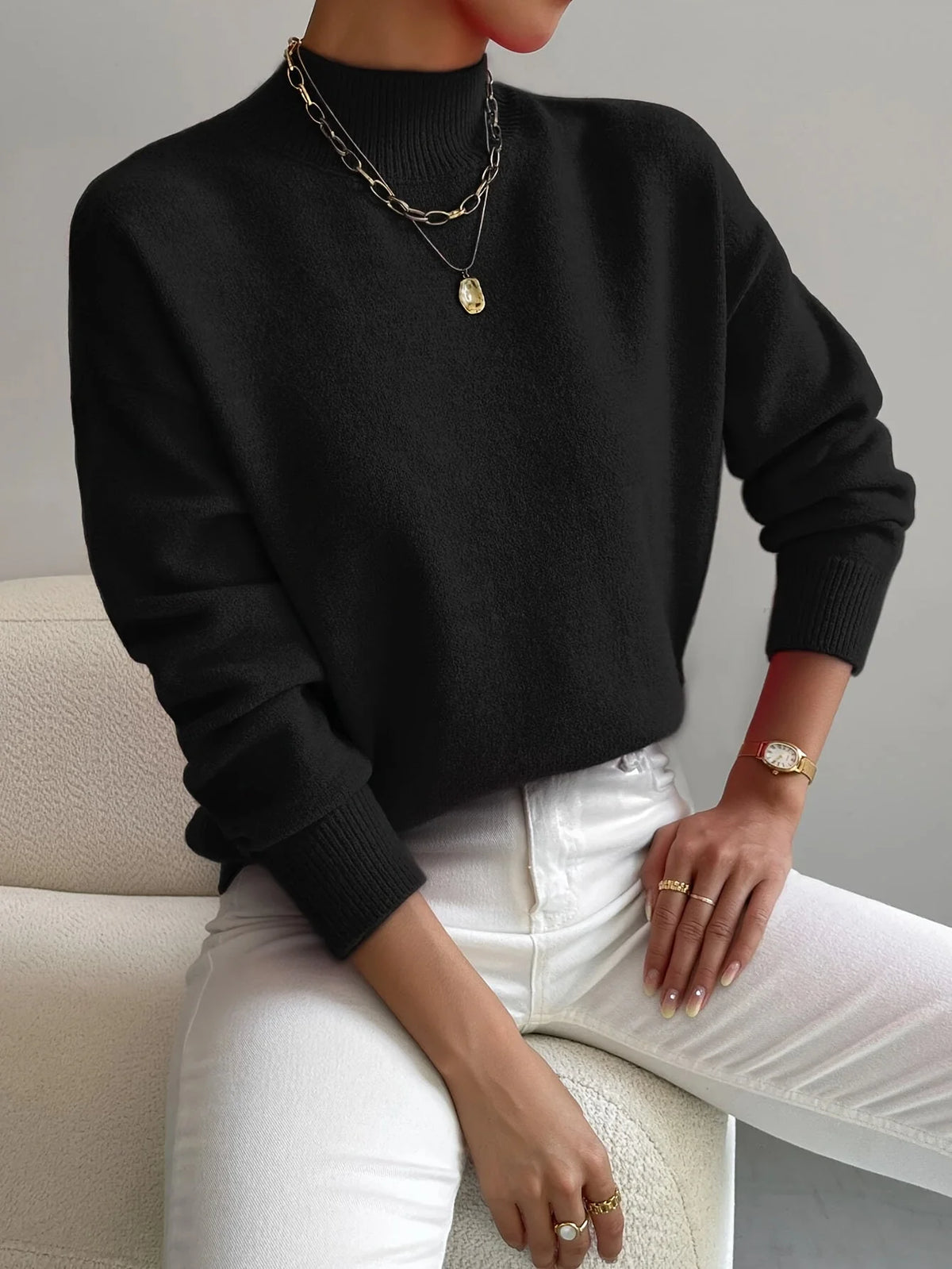 Women's black relaxed fit mock neck jumper
