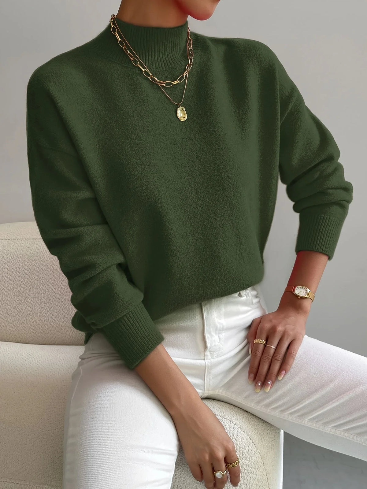 Women's army green relaxed fit mock neck jumper