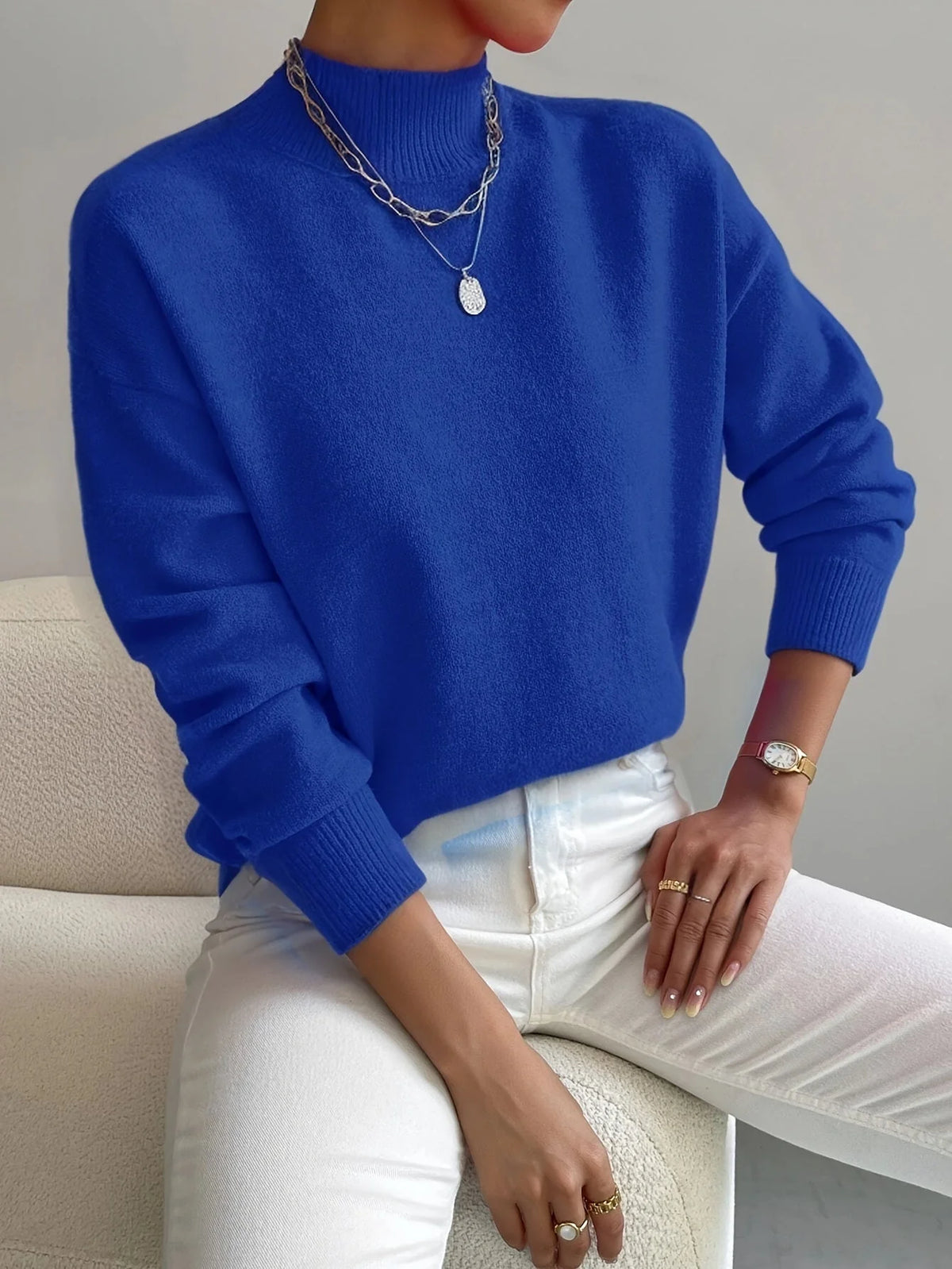 Women's blue relaxed fit mock neck jumper