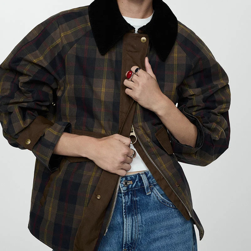 Women's brown check jacket with corduroy collar