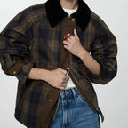 Women's brown check jacket with corduroy collar