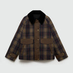 Women's brown check jacket with corduroy collar