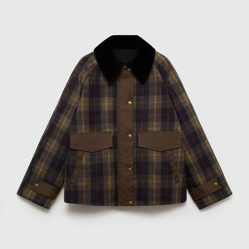 Women's brown check jacket with corduroy collar