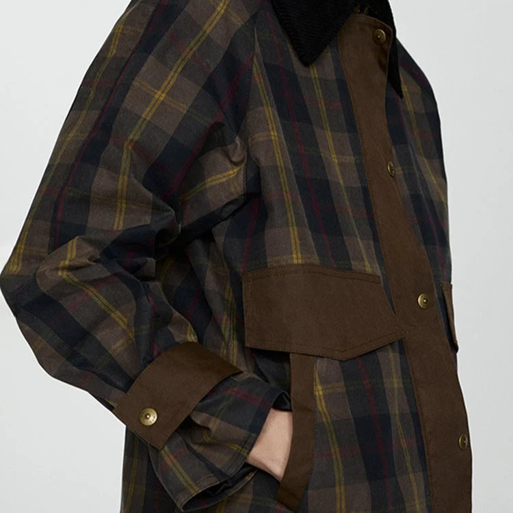 Women's brown check jacket with corduroy collar