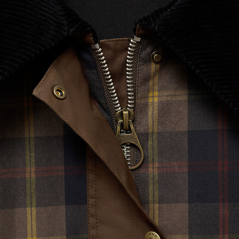 Women's brown check jacket with corduroy collar