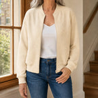Women's cream quilted bomber jacket with ribbed trims
