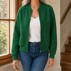 Women's dark green quilted bomber jacket with ribbed trims