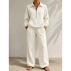 Women's cream half zip tracksuit set with wide leg trousers