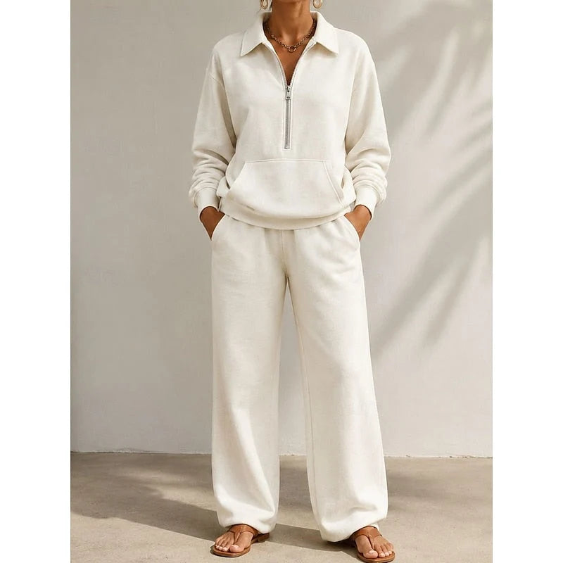 Women's cream half zip tracksuit set with wide leg trousers