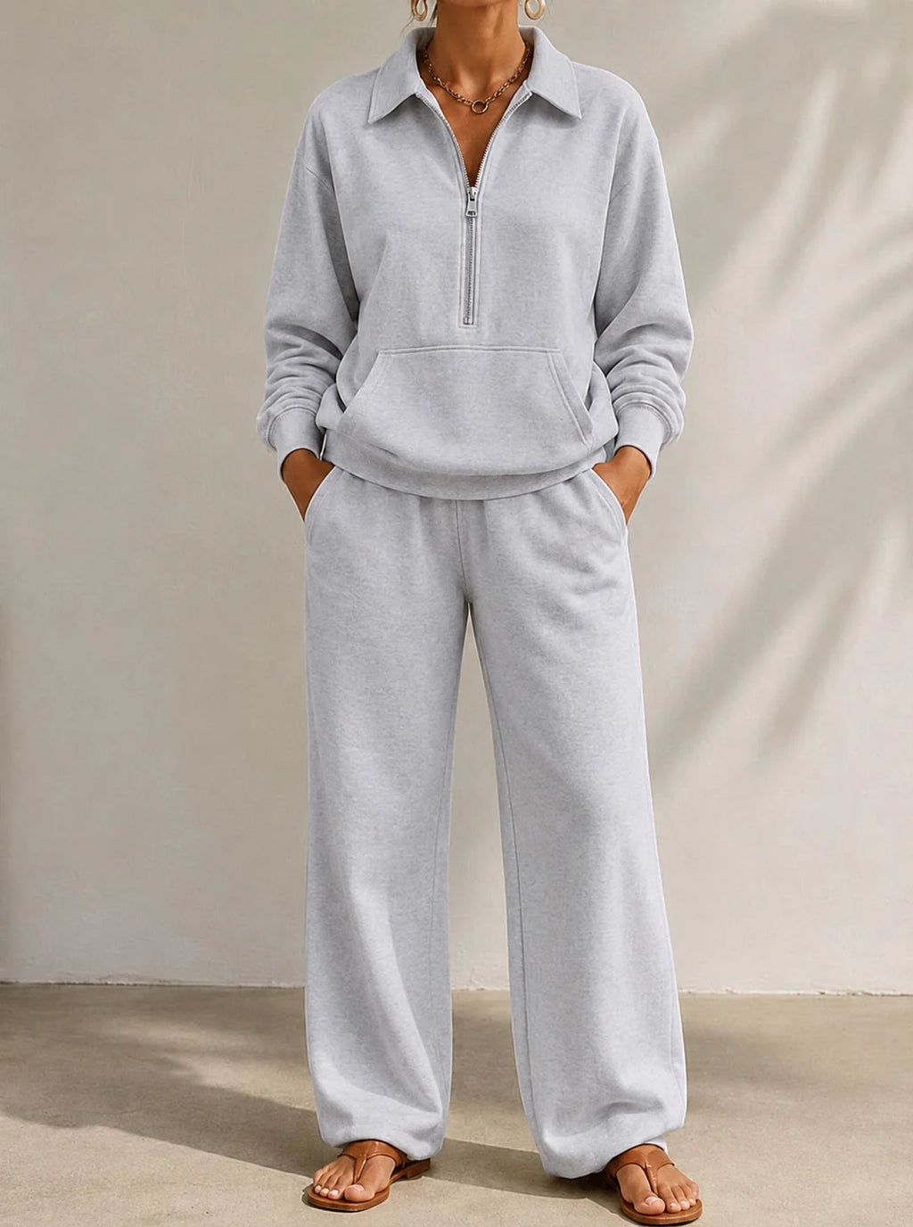 Women's grey half zip tracksuit set with wide leg trousers