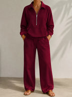 Women's burgundy half zip tracksuit set with wide leg trousers