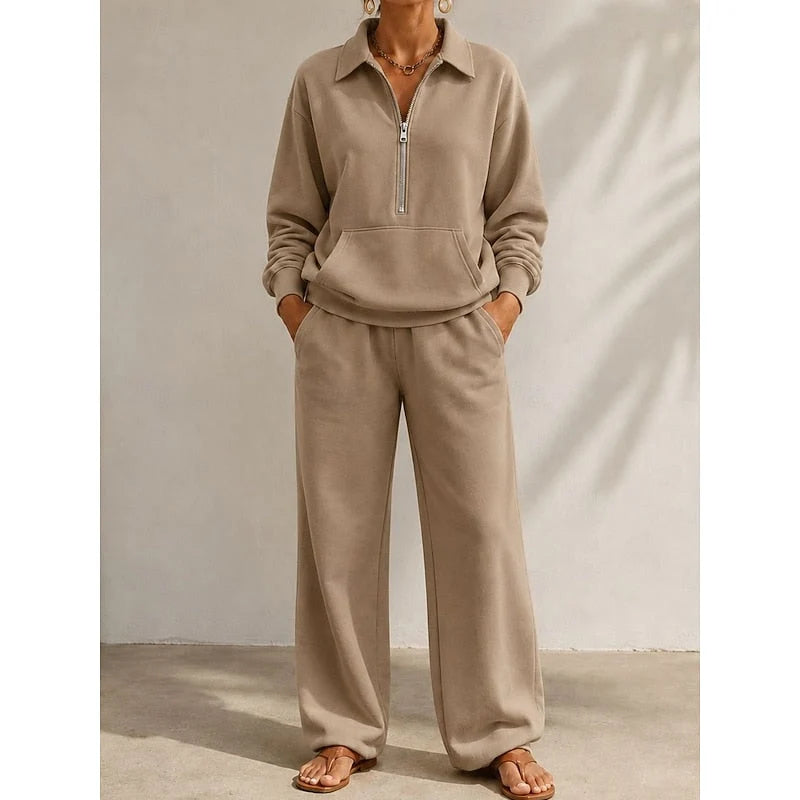 Women's taupe half zip tracksuit set with wide leg trousers