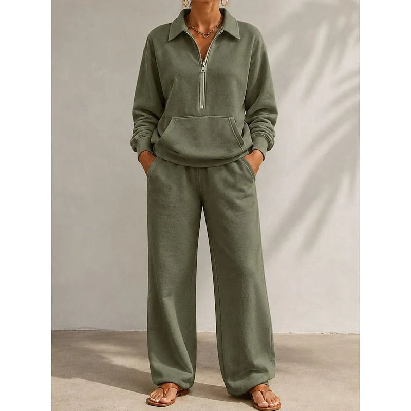 Women's olive green half zip tracksuit set with wide leg trousers