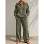 Women's olive green half zip tracksuit set with wide leg trousers