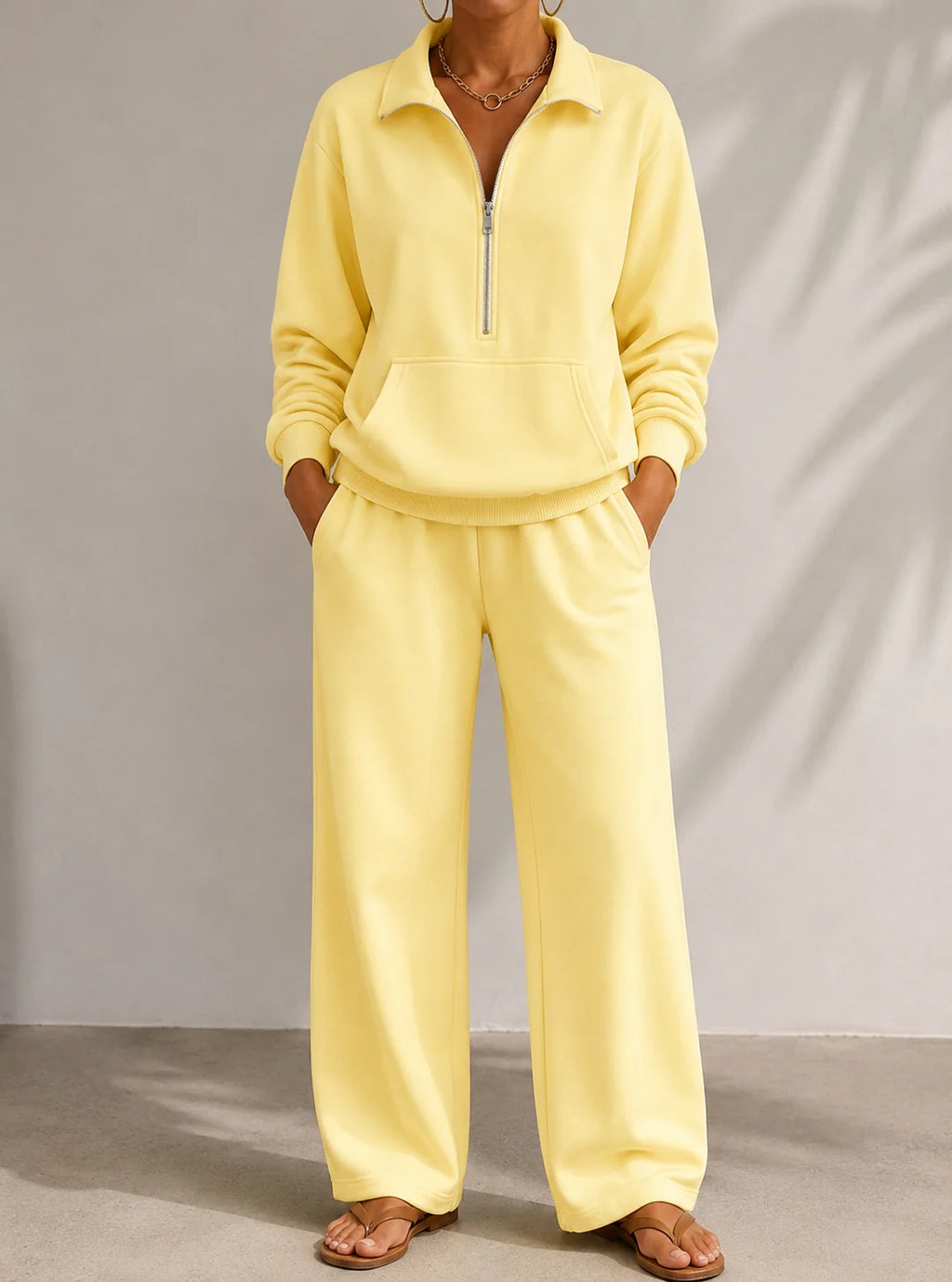 Women's yellow half zip tracksuit set with wide leg trousers