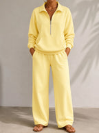 Women's yellow half zip tracksuit set with wide leg trousers