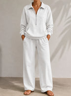 Women's light grey half zip tracksuit set with wide leg trousers