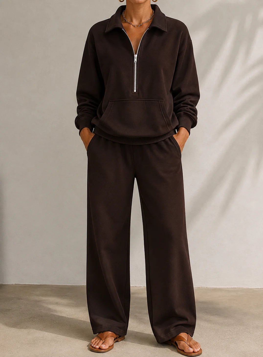 Women's chocolate half zip tracksuit set with wide leg trousers