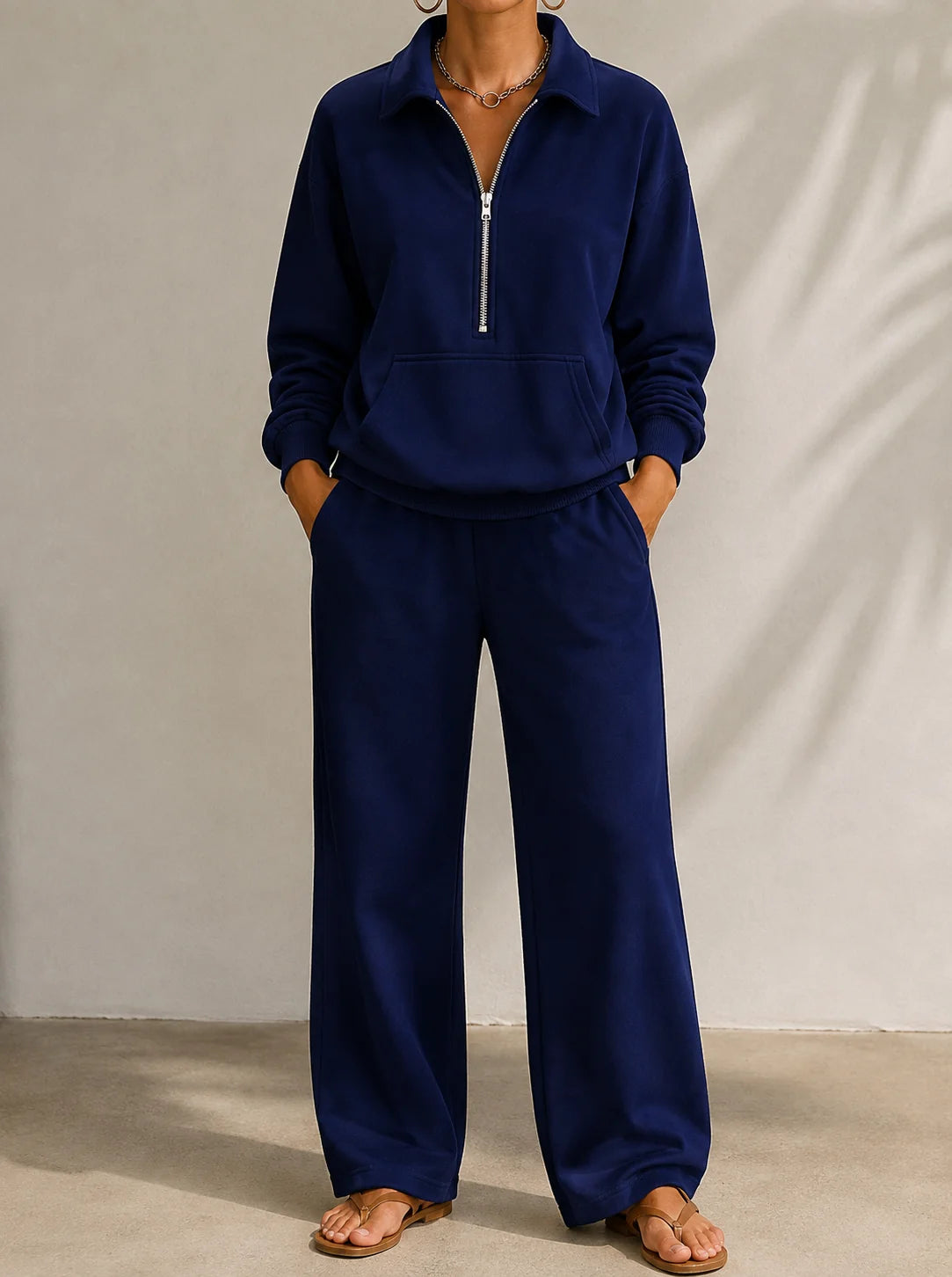 Women's navy half zip tracksuit set with wide leg trousers