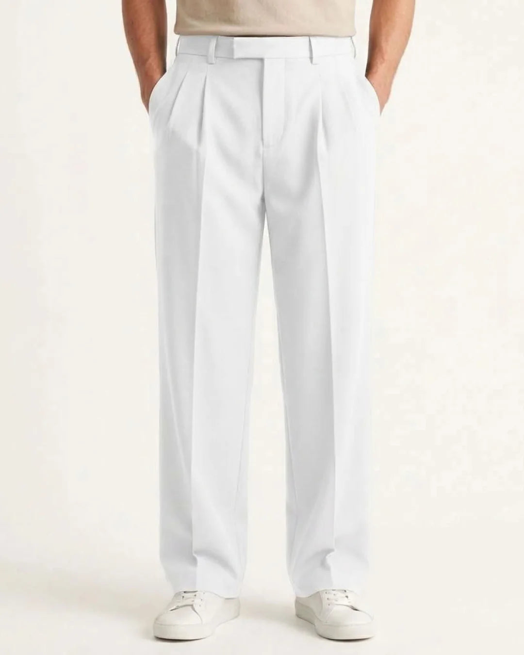 Men's white pleated wide leg trousers