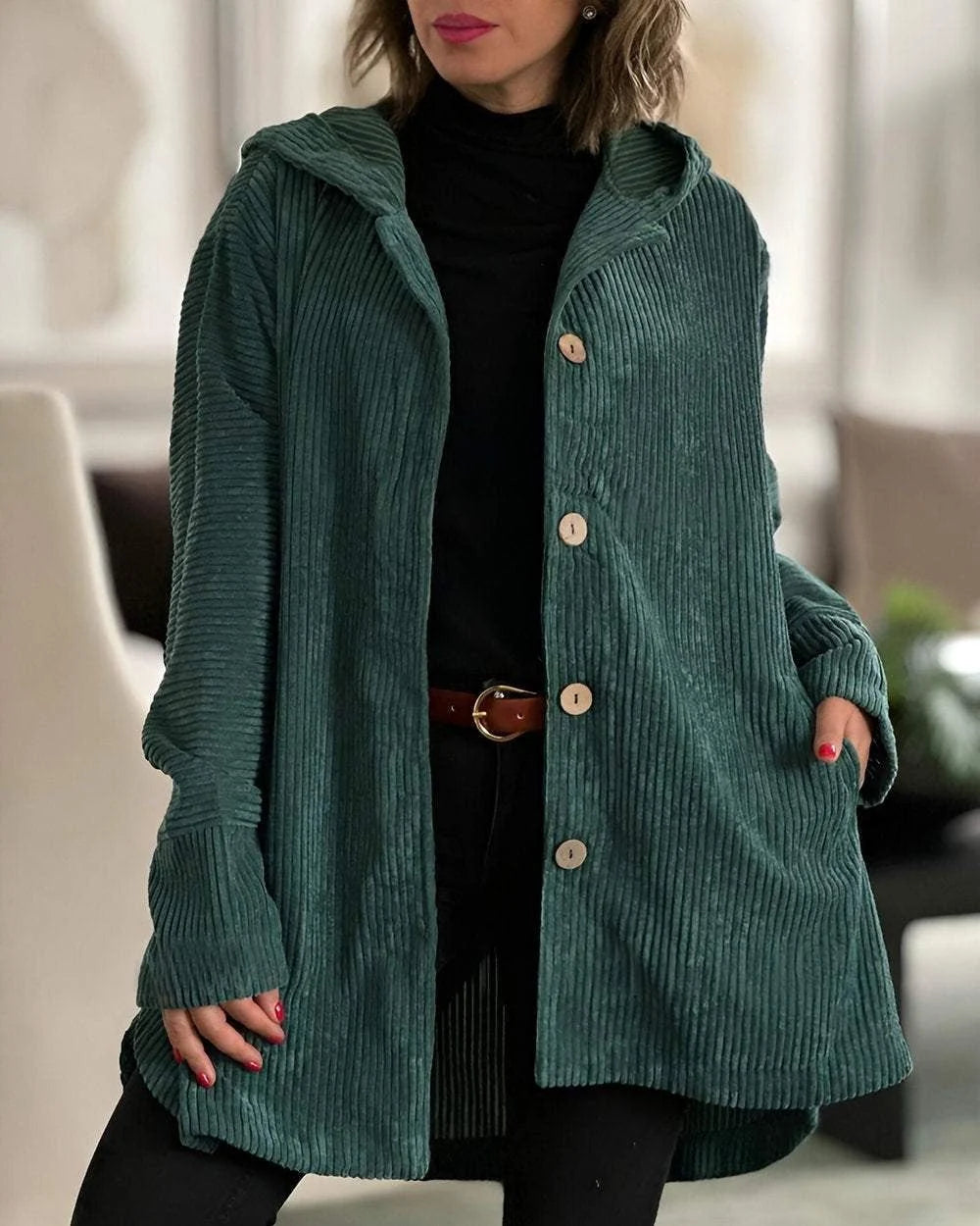 Women's forest green hooded corduroy jacket