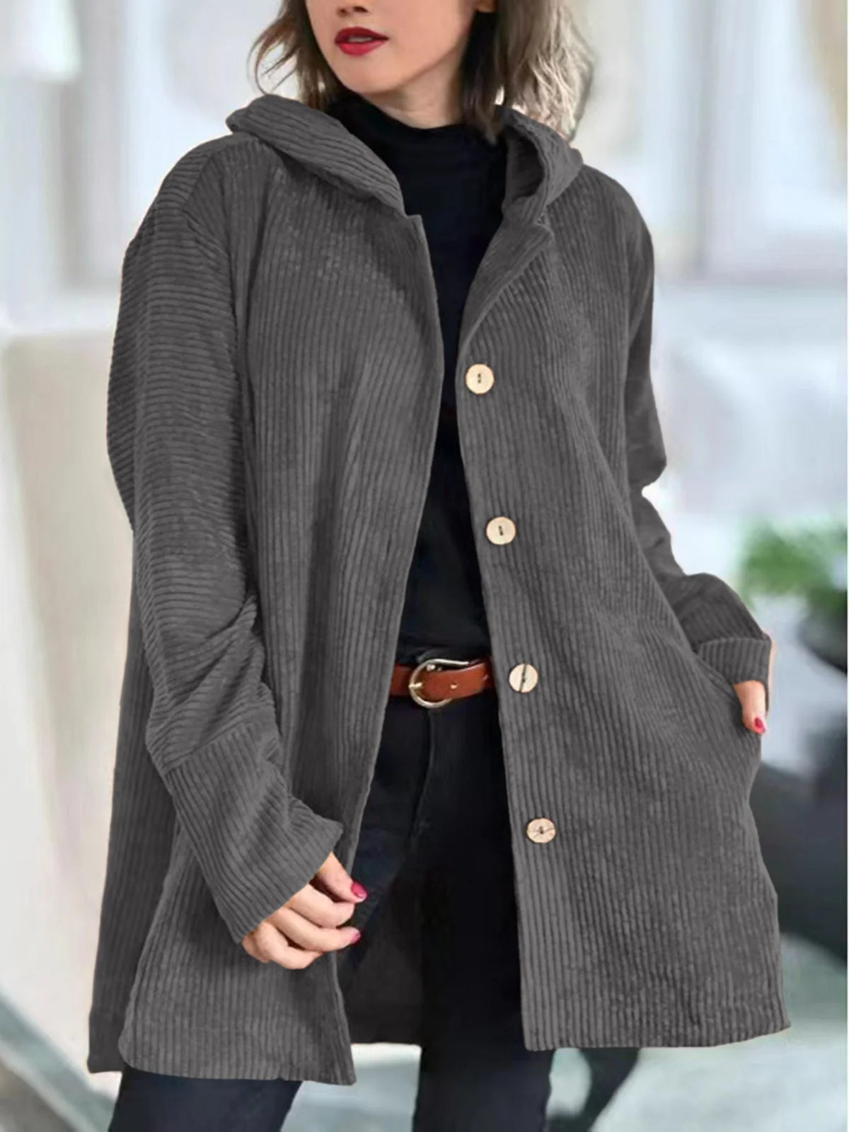Women's dark grey hooded corduroy jacket