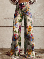 Women's colourful flower retro print flared trousers